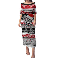 Custom New Zealand Christmas Family Matching Puletasi Dress and Hawaiian Shirt Maori Meri Kirihimete Moko LT01 Mom's Dress Red - Polynesian Pride