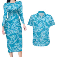 Tahiti Ninamu Tiare Floral Couples Matching Long Sleeve Bodycon Dress and Hawaiian Shirt Monstera Palm Tropical Leaves - Polynesian Pride