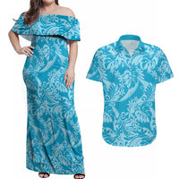 Tahiti Ninamu Tiare Floral Couples Matching Off Shoulder Maxi Dress and Hawaiian Shirt Monstera Palm Tropical Leaves - Polynesian Pride