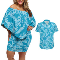 Tahiti Ninamu Tiare Floral Couples Matching Off Shoulder Short Dress and Hawaiian Shirt Monstera Palm Tropical Leaves - Polynesian Pride