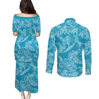 Tahiti Ninamu Tiare Floral Couples Matching Puletasi and Long Sleeve Button Shirt Monstera Palm Tropical Leaves - Polynesian Pride