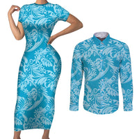 Tahiti Ninamu Tiare Floral Couples Matching Short Sleeve Bodycon Dress and Long Sleeve Button Shirt Monstera Palm Tropical Leaves LT01 Blue - Polynesian Pride