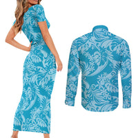 Tahiti Ninamu Tiare Floral Couples Matching Short Sleeve Bodycon Dress and Long Sleeve Button Shirt Monstera Palm Tropical Leaves LT01 - Polynesian Pride