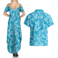 Tahiti Ninamu Tiare Floral Couples Matching Summer Maxi Dress and Hawaiian Shirt Monstera Palm Tropical Leaves - Polynesian Pride