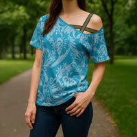 Tahiti Ninamu Tiare Floral Cross Shoulder Shirt Monstera Palm Tropical Leaves - Polynesian Pride