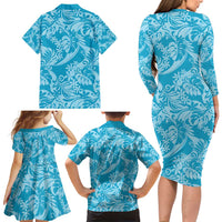 Tahiti Ninamu Tiare Floral Family Matching Long Sleeve Bodycon Dress and Hawaiian Shirt Monstera Palm Tropical Leaves - Polynesian Pride