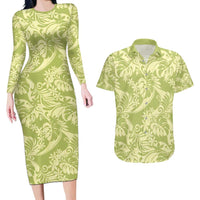 Tahiti Olive Tiare Floral Couples Matching Long Sleeve Bodycon Dress and Hawaiian Shirt Monstera Palm Tropical Leaves - Polynesian Pride