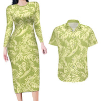 Tahiti Olive Tiare Floral Couples Matching Long Sleeve Bodycon Dress and Hawaiian Shirt Monstera Palm Tropical Leaves - Polynesian Pride