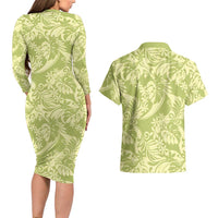 Tahiti Olive Tiare Floral Couples Matching Long Sleeve Bodycon Dress and Hawaiian Shirt Monstera Palm Tropical Leaves - Polynesian Pride
