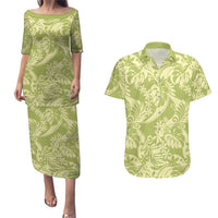 Tahiti Olive Tiare Floral Couples Matching Puletasi and Hawaiian Shirt Monstera Palm Tropical Leaves - Polynesian Pride