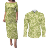 Tahiti Olive Tiare Floral Couples Matching Puletasi and Long Sleeve Button Shirt Monstera Palm Tropical Leaves - Polynesian Pride