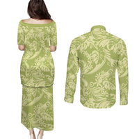 Tahiti Olive Tiare Floral Couples Matching Puletasi and Long Sleeve Button Shirt Monstera Palm Tropical Leaves - Polynesian Pride