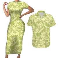Tahiti Olive Tiare Floral Couples Matching Short Sleeve Bodycon Dress and Hawaiian Shirt Monstera Palm Tropical Leaves - Polynesian Pride