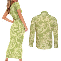 Tahiti Olive Tiare Floral Couples Matching Short Sleeve Bodycon Dress and Long Sleeve Button Shirt Monstera Palm Tropical Leaves - Polynesian Pride
