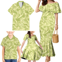 Tahiti Olive Tiare Floral Family Matching Mermaid Dress and Hawaiian Shirt Monstera Palm Tropical Leaves - Polynesian Pride