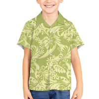 Tahiti Olive Tiare Floral Family Matching Off The Shoulder Long Sleeve Dress and Hawaiian Shirt Monstera Palm Tropical Leaves - Polynesian Pride