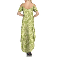 Tahiti Olive Tiare Floral Family Matching Summer Maxi Dress and Hawaiian Shirt Monstera Palm Tropical Leaves - Polynesian Pride