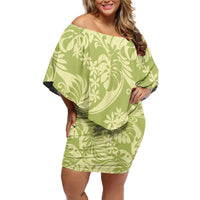 Tahiti Olive Tiare Floral Off Shoulder Short Dress Monstera Palm Tropical Leaves - Polynesian Pride