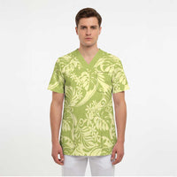Tahiti Olive Tiare Floral Scrub Top Monstera Palm Tropical Leaves - Polynesian Pride