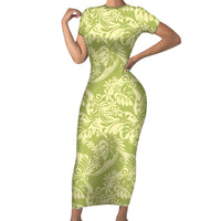 Tahiti Olive Tiare Floral Short Sleeve Bodycon Dress Monstera Palm Tropical Leaves - Polynesian Pride