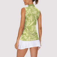 Tahiti Olive Tiare Floral Women Sleeveless Polo Shirt Monstera Palm Tropical Leaves - Polynesian Pride