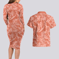 Tahiti Puatou Tiare Floral Couples Matching Long Sleeve Bodycon Dress and Hawaiian Shirt Monstera Palm Tropical Leaves - Polynesian Pride