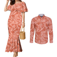 Tahiti Puatou Tiare Floral Couples Matching Mermaid Dress and Long Sleeve Button Shirt Monstera Palm Tropical Leaves LT01 Orange - Polynesian Pride