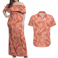 Tahiti Puatou Tiare Floral Couples Matching Off Shoulder Maxi Dress and Hawaiian Shirt Monstera Palm Tropical Leaves - Polynesian Pride