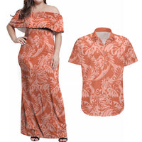 Tahiti Puatou Tiare Floral Couples Matching Off Shoulder Maxi Dress and Hawaiian Shirt Monstera Palm Tropical Leaves - Polynesian Pride