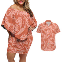Tahiti Puatou Tiare Floral Couples Matching Off Shoulder Short Dress and Hawaiian Shirt Monstera Palm Tropical Leaves - Polynesian Pride