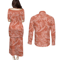 Tahiti Puatou Tiare Floral Couples Matching Puletasi and Long Sleeve Button Shirt Monstera Palm Tropical Leaves - Polynesian Pride