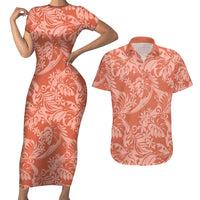 Tahiti Puatou Tiare Floral Couples Matching Short Sleeve Bodycon Dress and Hawaiian Shirt Monstera Palm Tropical Leaves - Polynesian Pride