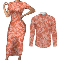 Tahiti Puatou Tiare Floral Couples Matching Short Sleeve Bodycon Dress and Long Sleeve Button Shirt Monstera Palm Tropical Leaves - Polynesian Pride