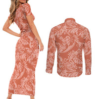 Tahiti Puatou Tiare Floral Couples Matching Short Sleeve Bodycon Dress and Long Sleeve Button Shirt Monstera Palm Tropical Leaves - Polynesian Pride