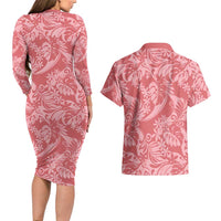 Tahiti Tarona Tiare Floral Couples Matching Long Sleeve Bodycon Dress and Hawaiian Shirt Monstera Palm Tropical Leaves - Polynesian Pride