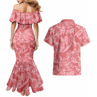 Tahiti Tarona Tiare Floral Couples Matching Mermaid Dress and Hawaiian Shirt Monstera Palm Tropical Leaves - Polynesian Pride