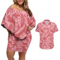 Tahiti Tarona Tiare Floral Couples Matching Off Shoulder Short Dress and Hawaiian Shirt Monstera Palm Tropical Leaves - Polynesian Pride