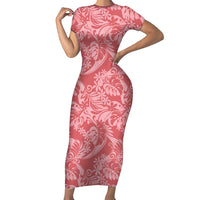 Tahiti Tarona Tiare Floral Short Sleeve Bodycon Dress Monstera Palm Tropical Leaves - Polynesian Pride