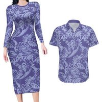 Tahiti Vareau Tiare Floral Couples Matching Long Sleeve Bodycon Dress and Hawaiian Shirt Monstera Palm Tropical Leaves - Polynesian Pride