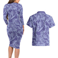 Tahiti Vareau Tiare Floral Couples Matching Long Sleeve Bodycon Dress and Hawaiian Shirt Monstera Palm Tropical Leaves - Polynesian Pride