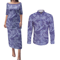 Tahiti Vareau Tiare Floral Couples Matching Puletasi and Long Sleeve Button Shirt Monstera Palm Tropical Leaves - Polynesian Pride