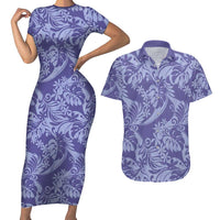 Tahiti Vareau Tiare Floral Couples Matching Short Sleeve Bodycon Dress and Hawaiian Shirt Monstera Palm Tropical Leaves LT01 Purple - Polynesian Pride