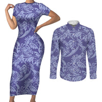 Tahiti Vareau Tiare Floral Couples Matching Short Sleeve Bodycon Dress and Long Sleeve Button Shirt Monstera Palm Tropical Leaves - Polynesian Pride