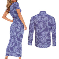 Tahiti Vareau Tiare Floral Couples Matching Short Sleeve Bodycon Dress and Long Sleeve Button Shirt Monstera Palm Tropical Leaves - Polynesian Pride
