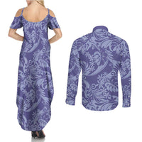 Tahiti Vareau Tiare Floral Couples Matching Summer Maxi Dress and Long Sleeve Button Shirt Monstera Palm Tropical Leaves - Polynesian Pride