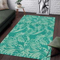 Tahiti Teal Tiare Floral Area Rug Monstera Palm Tropical Leaves - Polynesian Pride