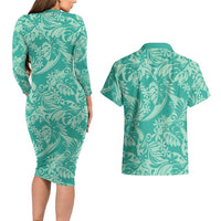 Tahiti Teal Tiare Floral Couples Matching Long Sleeve Bodycon Dress and Hawaiian Shirt Monstera Palm Tropical Leaves - Polynesian Pride