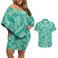 Tahiti Teal Tiare Floral Couples Matching Off Shoulder Short Dress and Hawaiian Shirt Monstera Palm Tropical Leaves LT01 Teal - Polynesian Pride