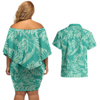 Tahiti Teal Tiare Floral Couples Matching Off Shoulder Short Dress and Hawaiian Shirt Monstera Palm Tropical Leaves LT01 - Polynesian Pride