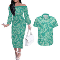 Tahiti Teal Tiare Floral Couples Matching Off The Shoulder Long Sleeve Dress and Hawaiian Shirt Monstera Palm Tropical Leaves - Polynesian Pride